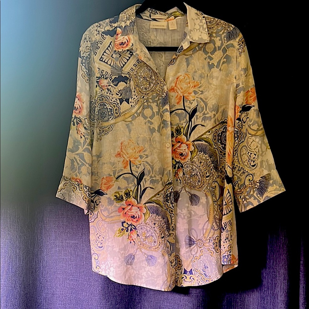 Chico's Relaxed Graphic Blouse in Cream and Blue